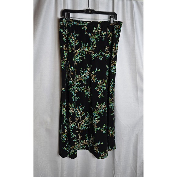 Y2K Dressbarn Woman Floral Print Black Midi Skirt Elastic Waist Size 16W - Picture 3 of 5